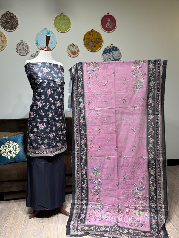 Lawn Printed 3-Piece – Black with Pink Design - Image 3