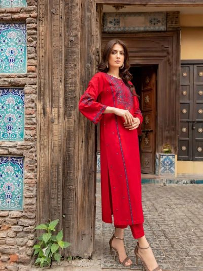 Red Embroidered Stitched 2-piece Suit