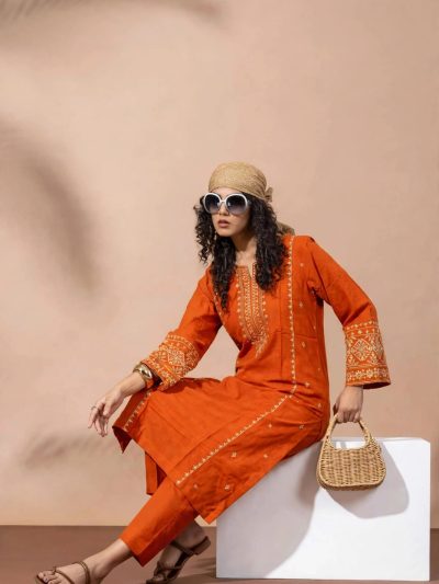 WINTER Rust Orange Embroidered Stitched 2-Piece Women's Suit