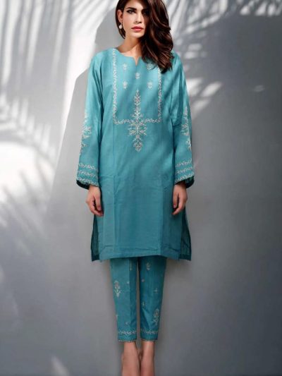 Aqua Blue Embroidered Stitched 2-Piece Winter Suit